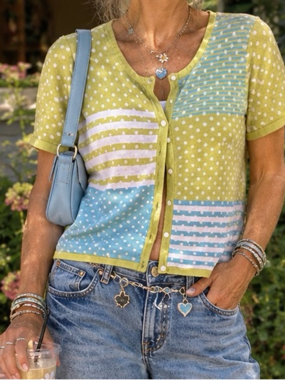 Christopher & Banks Lime Green and Blue Patchwork Button-Front Top Y2K Granny